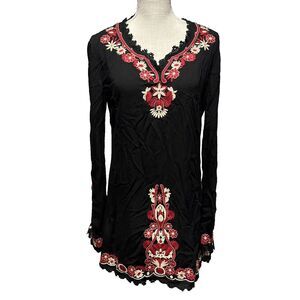 Lucky & Blessed NWT Embroidered Dress Small Long Sleeve Red Black Floral Tunic